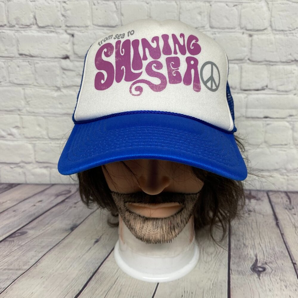 Trucker Hat Mesh Snapback Cap Blue White From Sea To Shinning Sea Peace Sign